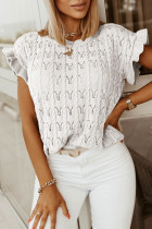 White Ruffle Short Sleeves Cable Knit Textured Top
