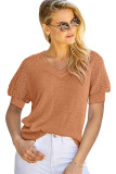 Gold Flame Solid Color Knit Contrast Hollowed Short Sleeve V Neck Sweater