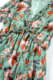 Green Fiery Floral Print Frilled V Neck Short Sleeve Maxi Dress