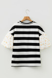 Black Stripe Floral Print Puff Sleeve Patchwork Blouse