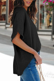 Black Frayed Batwing Sleeve Textured Cotton Blouse