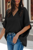 Black Frayed Batwing Sleeve Textured Cotton Blouse