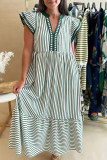 Green Stripe Double Ruffled Short Sleeve Contrast Trim V Neck Midi Dress