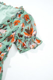 Green Fiery Floral Print Frilled V Neck Short Sleeve Maxi Dress