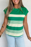 Green Stripe Mixed Print Crew Neck Cap Sleeve T Shirt