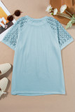 Mist Blue Seamed Detail Contrast Lace Raglan Sleeve Tee