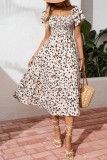 Beige Ditsy Floral Print Smocked Square Neck Ruffle Short Sleeve Dress
