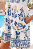 Blue Boho Western Floral Printed Split Neck Ruffled Sleeve Mini Dress