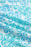 Sky Blue Boho Floral Geometric Patchwork Ruffle Detail Puff Sleeve Mini Dress