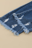 Dark Blue Elastic Waist Straight Leg Destroyed Raw Hem Jeans