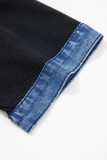 Black Waffle Knit Denim Contrast Trim Patchwork Button Polo Collar Top
