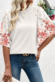 White Ribbed Texture Floral Print Half Sleeve Patchwork Top