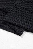 Black Waffle Knit Denim Contrast Trim Patchwork Button Polo Collar Top