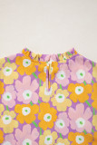 Purple Frilled Neck Puff Short Sleeve Flower Top