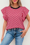 Red Checkered Print Ruffle Short Sleeve Contrast Trim Round Neck Top