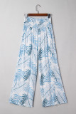 Sky Blue Geometric/ Floral/ Botanic Print Shirred Waistband Wide Leg Pants