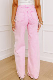 Pink Acid Wash High Waist Uneven Raw Hem Shift Jeans