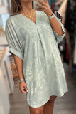Meadow Mist Green Metallic V Neck Half Sleeve Loose Mini Dress