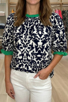 Black Damask Print Ruffled Color Block Detail Half Sleeve Blouse
