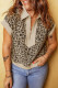 Beige Ribbed Patchwork Collar Cuffed Sleeve Leopard Plus Top