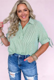 Mint Green Plus Size Striped Print Collar V Neck Short Sleeve Blouse
