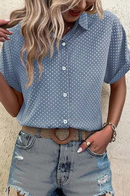 Sky Blue Dotted Print Cuffed Short Sleeve Shirt