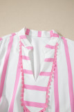 Pink Stripe Plus Size V Neck Short Puff Sleeve Tiered Maxi Dress