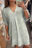 Meadow Mist Green Metallic V Neck Half Sleeve Loose Mini Dress