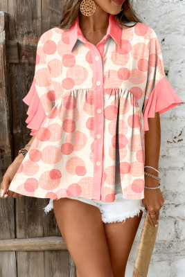 Pink Double Polka Dot Printed Ruffle Trim Short Sleeve Babydoll Shirt