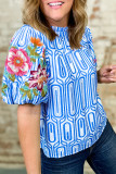 Sky Blue Unique Geometry Print Floral Embroidered Puff Sleeve Blouse