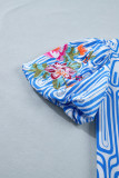Sky Blue Unique Geometry Print Floral Embroidered Puff Sleeve Blouse