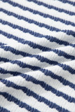Blue Stripe Textured Knit Split Hem Half Sleeve Loose Top
