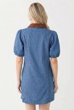 Blue Denim Short Puff Sleeve Color Block Shirt Collar Patchwork Mini Dress