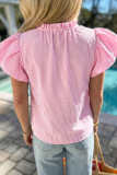 Rose Stripe Short Bubble Sleeve Split V Neck Blouse