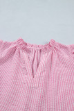 Rose Stripe Short Bubble Sleeve Split V Neck Blouse