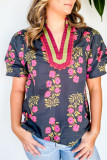 Black Plus Size Floral Print Ricrac Striped Trim Short Sleeve Cotton Blouse