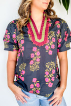 Black Plus Size Floral Print Ricrac Striped Trim Short Sleeve Cotton Blouse