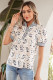 White Floral Print Striped Patchwork Button Neck Short Sleeve Blouse