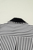Black Stripe Collared Split Neck Short Bubble Sleeve Blouse