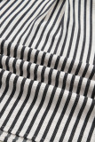 Black Stripe Collared Split Neck Short Bubble Sleeve Blouse