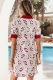 Red Geometric Floral Print Lace Trim Collared Short Sleeve Mini Dress
