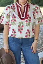 White Plus Size Floral Print Ricrac Striped Trim Short Sleeve Cotton Blouse