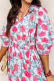 Red Elegant Floral Puff Sleeve Midi Dress