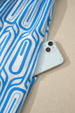 Sky Blue Plus Size Geometric Print Contrast Trim V Neck Bracelet Sleeve Long Dress