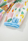 Multicolour Floral Doodle Print Striped Trim V Neck Midi Dress