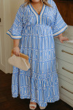 Sky Blue Plus Size Geometric Print Contrast Trim V Neck Bracelet Sleeve Long Dress