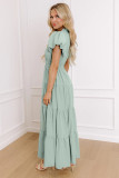 Clearly Aqua Solid Color V Neck Short Puff Sleeve High Waist Tiered Maxi Dress