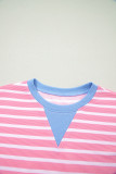 Pink Stripe Contrast Trim Loose Short Sleeve Top