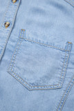 Beau Blue Half Sleeve Button Down Ruffled High Low Chambray Shirt