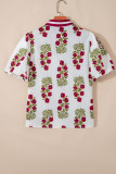 White Floral Short Bubble Sleeve Contrast Slit Neckline Blouse